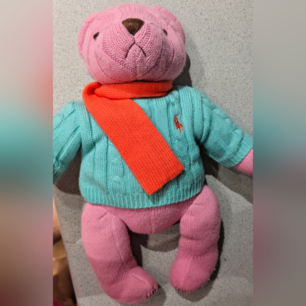 VTG 2004 Ralph Lauren Pink Cable Knit Polo Bear Teal Sweater - Picture 2 of 9